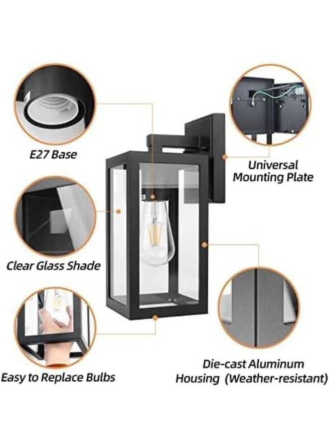 المفتاحة مصابيح جدارية خارجية، فانوس جداري أسود، مصباح شرفة، فوانيس جدارية خارجية من الألومنيوم مع غطاء زجاجي شفاف، مصباح جداري خارجي مقاوم للصدأ، أسود مطفي، عبوتان - Image 3